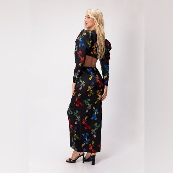 NWT NASTY GAL Floral Print Satin Cut-Out Maxi Dress - Picture 3 of 9